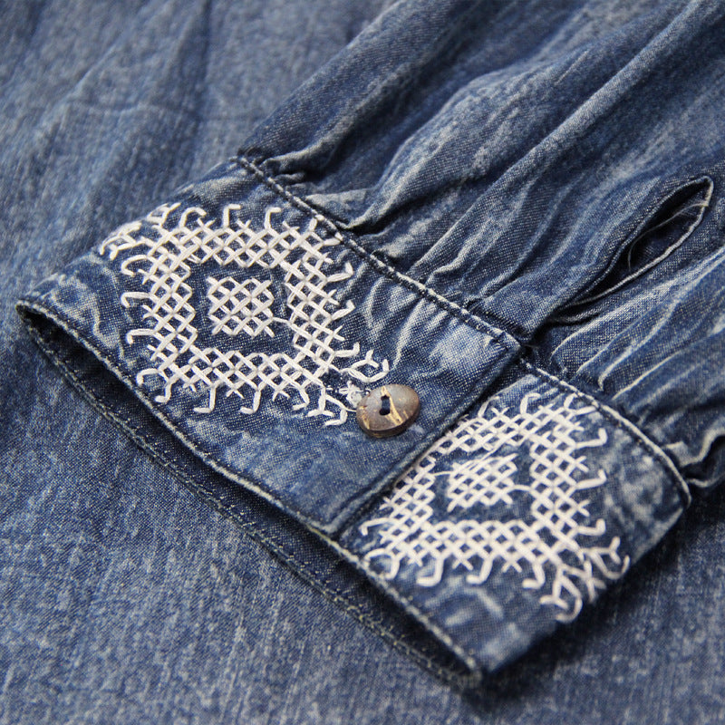 Loose Denim Skirt Long Skirt Retro Embroidered Ruffle Dress