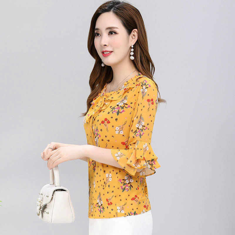 Temperament Western Style Small Floral Chiffon Shirt Plus Size Shirt Women