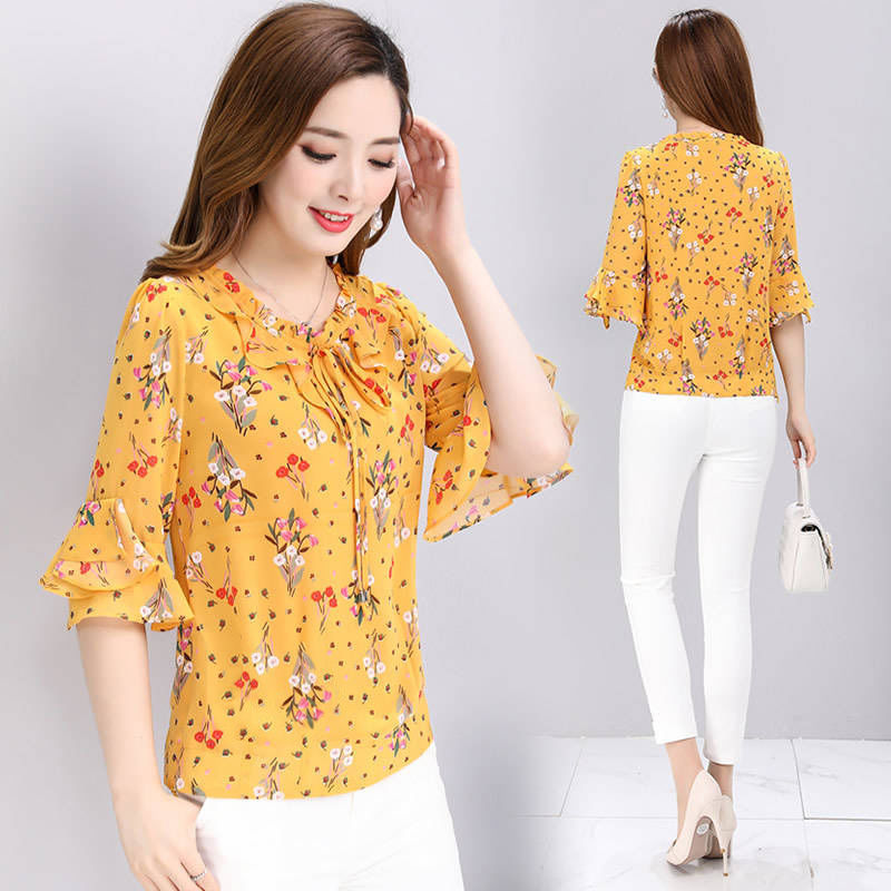 Temperament Western Style Small Floral Chiffon Shirt Plus Size Shirt Women
