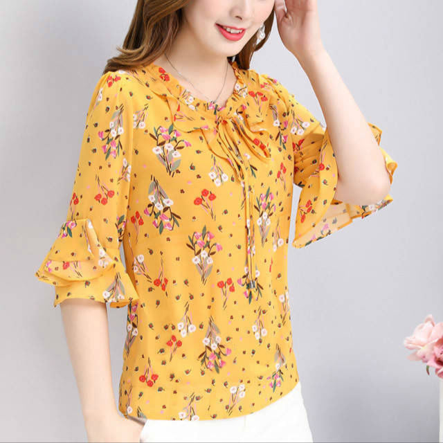 Temperament Western Style Small Floral Chiffon Shirt Plus Size Shirt Women