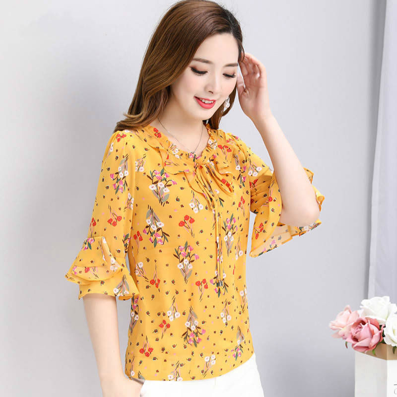 Temperament Western Style Small Floral Chiffon Shirt Plus Size Shirt Women