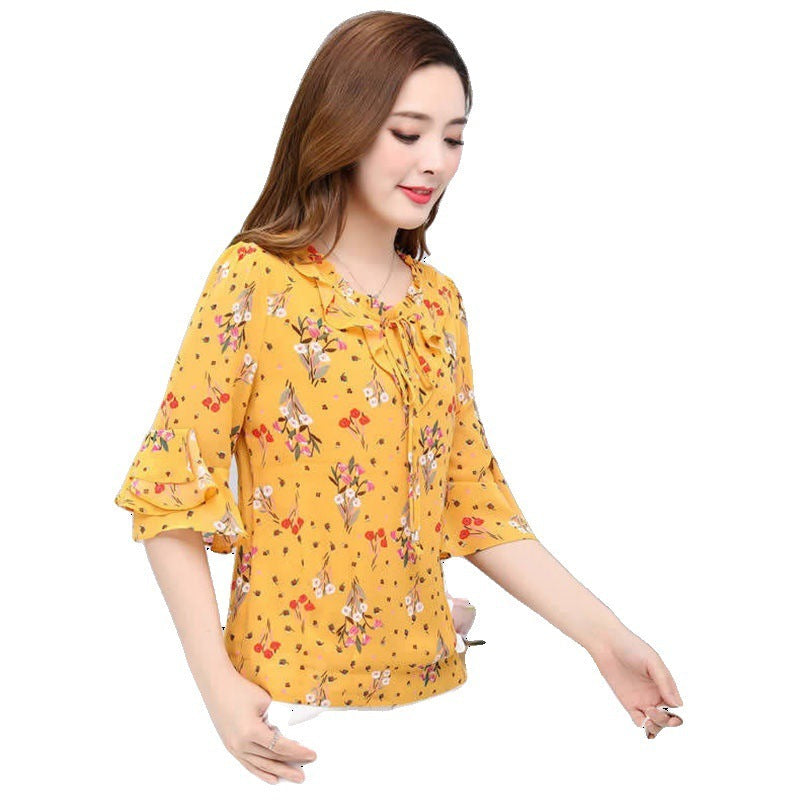 Temperament Western Style Small Floral Chiffon Shirt Plus Size Shirt Women