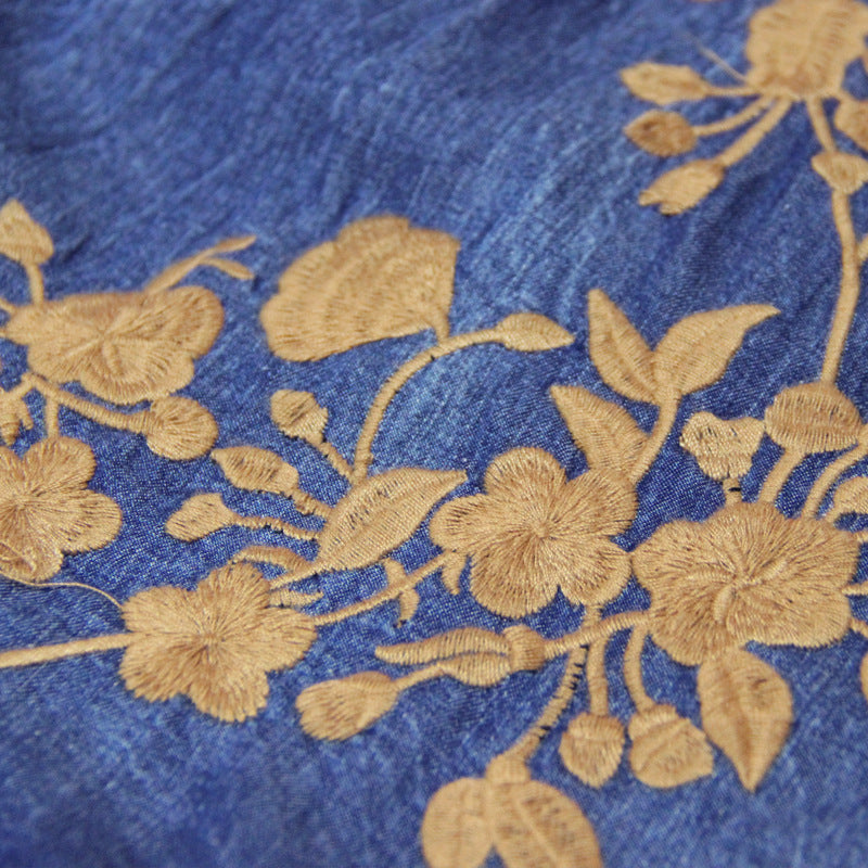 Temperament Denim Dress With Vintage Embroidery V-neck