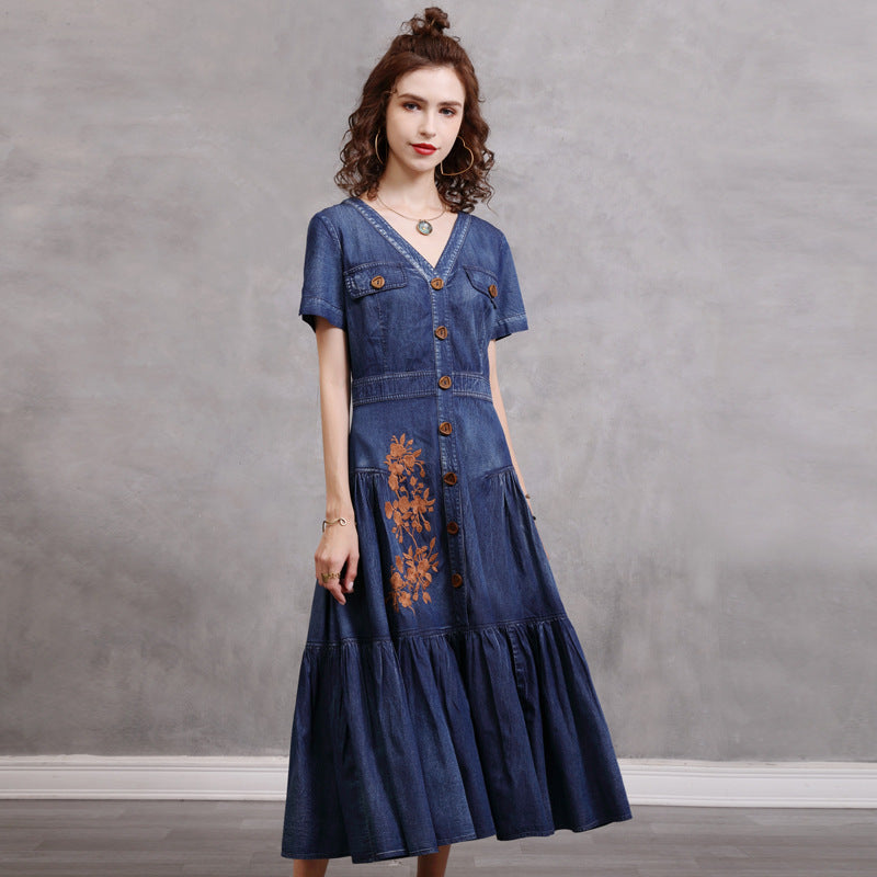 Temperament Denim Dress With Vintage Embroidery V-neck