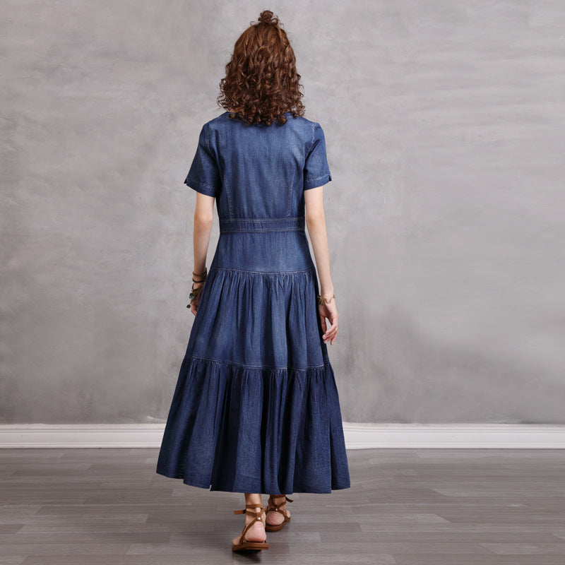 Temperament Denim Dress With Vintage Embroidery V-neck