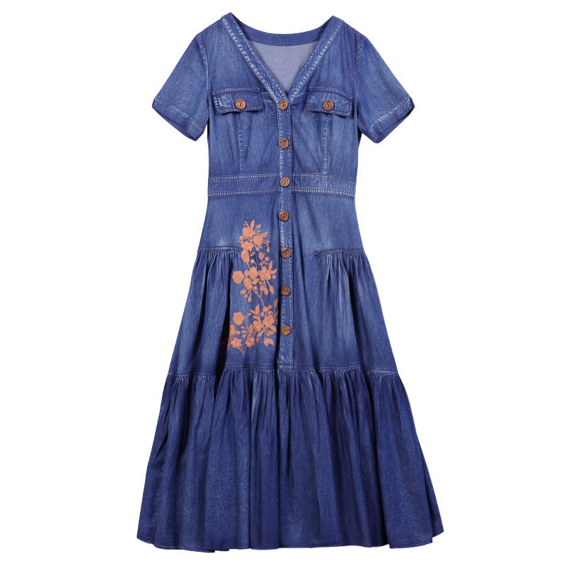 Temperament Denim Dress With Vintage Embroidery V-neck