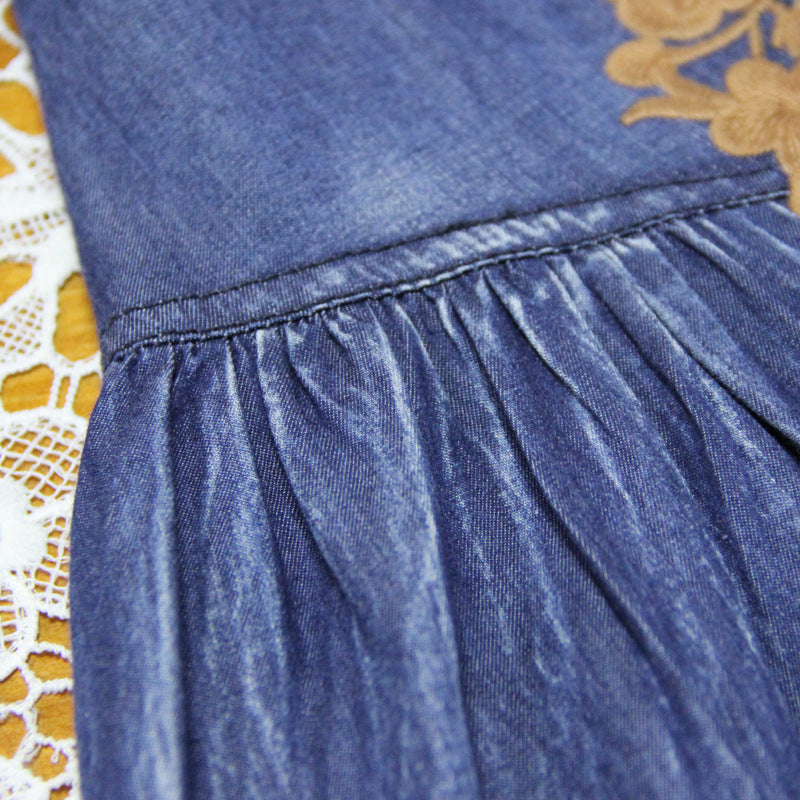 Temperament Denim Dress With Vintage Embroidery V-neck