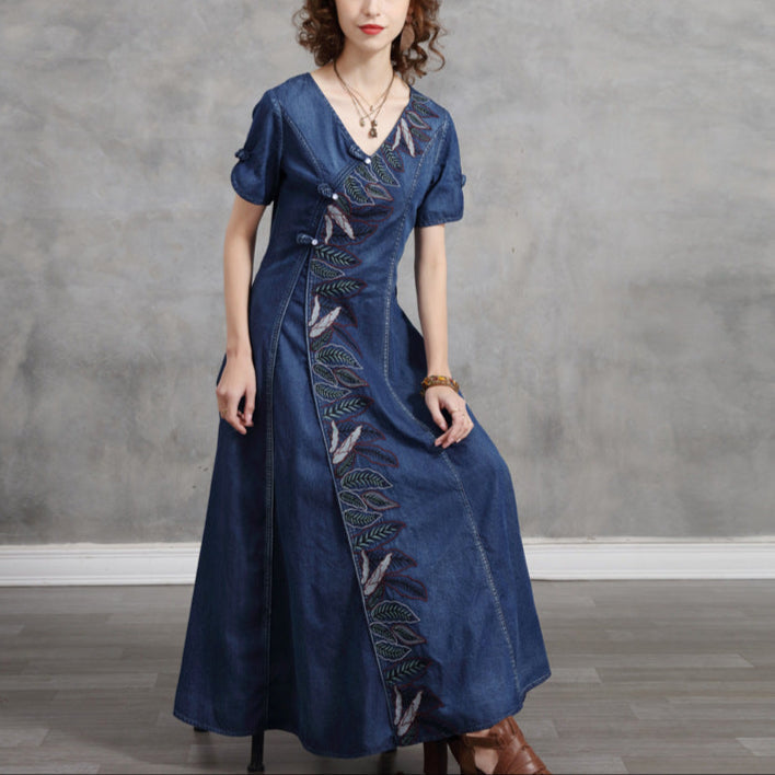 Designer Slim Mid Length Denim Dress  Vintage Cheongsam With Coil Button Embroidery Dress