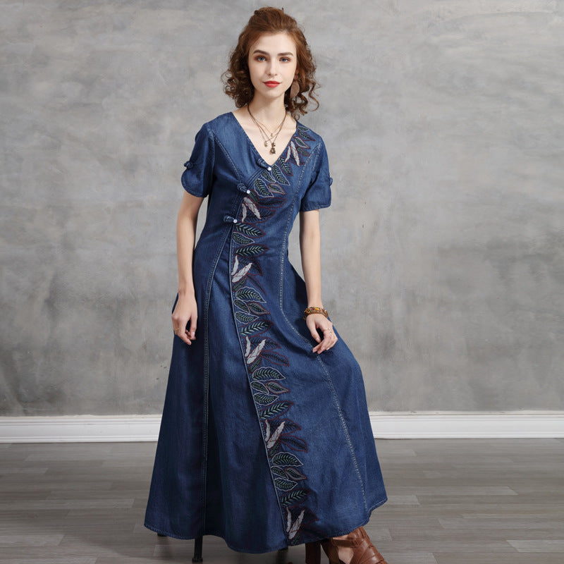 Designer Slim Mid Length Denim Dress  Vintage Cheongsam With Coil Button Embroidery Dress