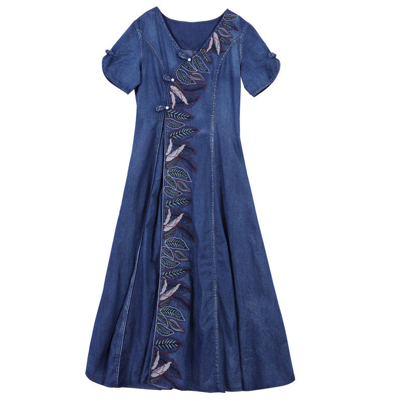 Designer Slim Mid Length Denim Dress  Vintage Cheongsam With Coil Button Embroidery Dress