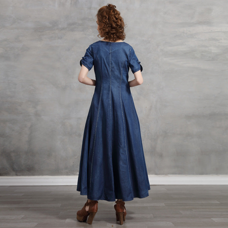 Designer Slim Mid Length Denim Dress  Vintage Cheongsam With Coil Button Embroidery Dress