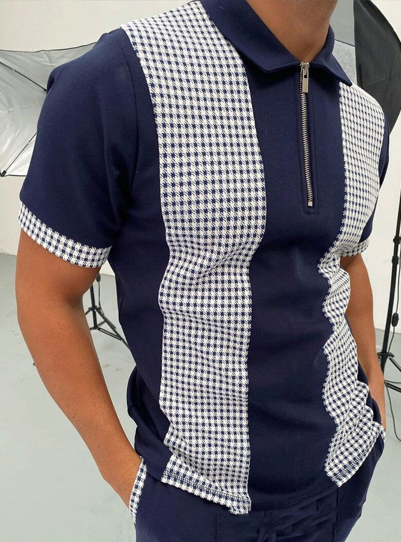 POLO Shirt Zipper Check Color Block Men's T-shirt