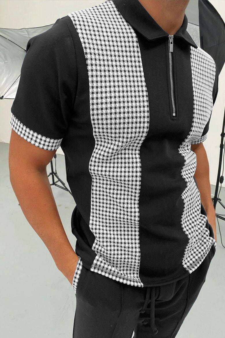 POLO Shirt Zipper Check Color Block Men's T-shirt