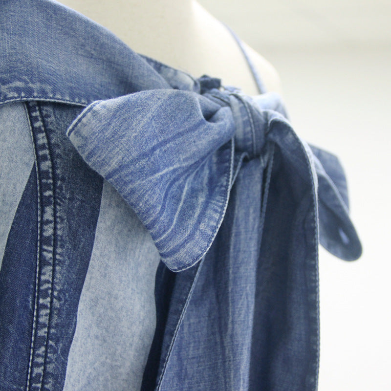 Neck Sling Strap Off Shoulder Big Swing Skirt Denim Striped Dress