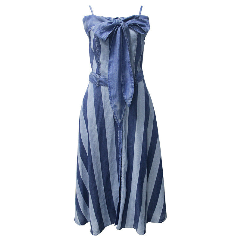 Neck Sling Strap Off Shoulder Big Swing Skirt Denim Striped Dress