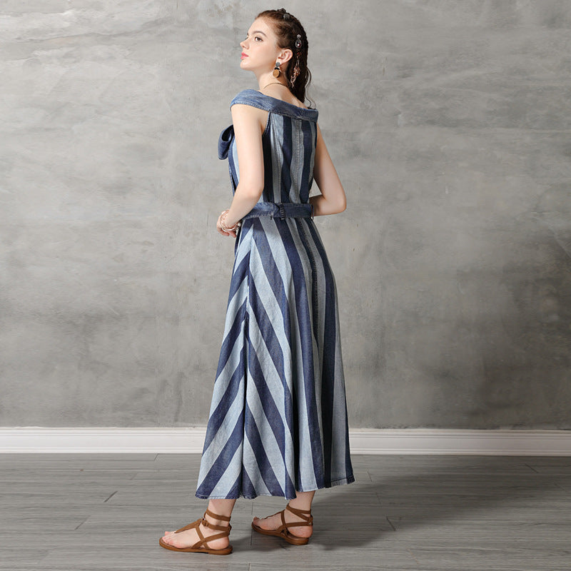 Neck Sling Strap Off Shoulder Big Swing Skirt Denim Striped Dress