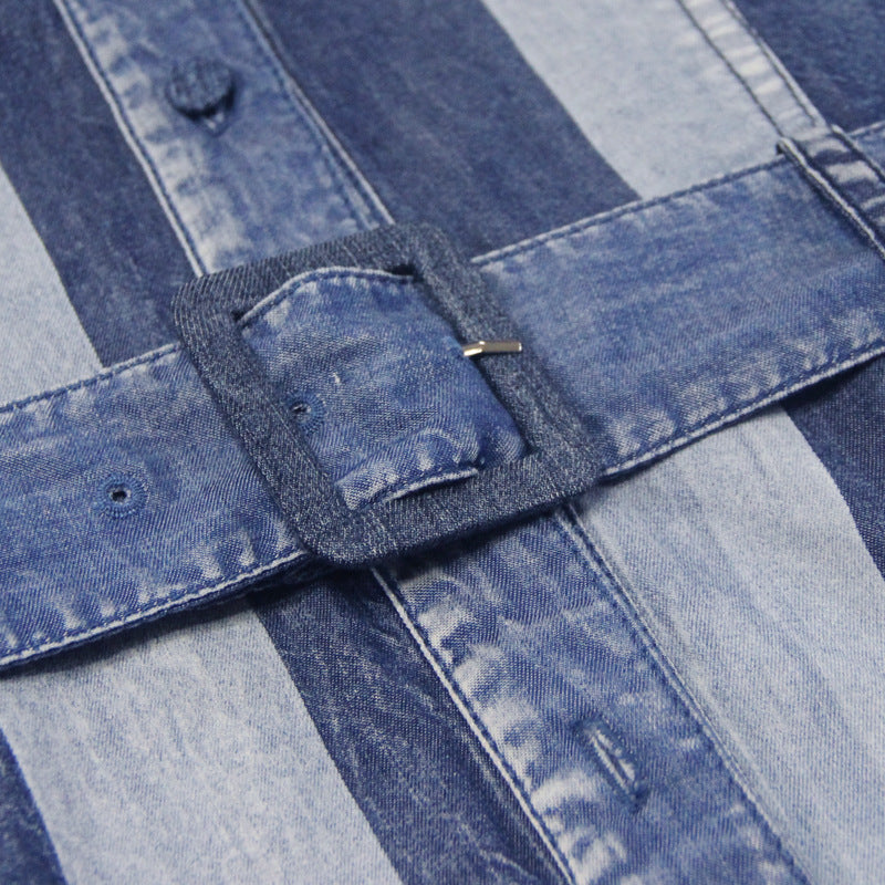 Neck Sling Strap Off Shoulder Big Swing Skirt Denim Striped Dress