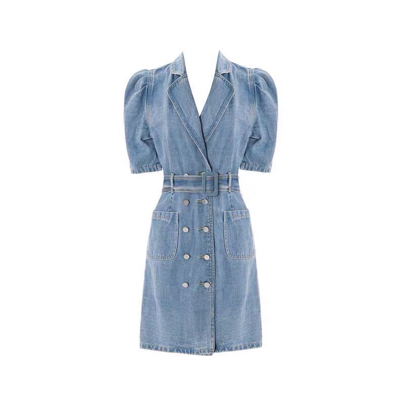 Short Sleeve Denim Dress Female Summer Sexy Back V-neck Puff Sleeve Skirt