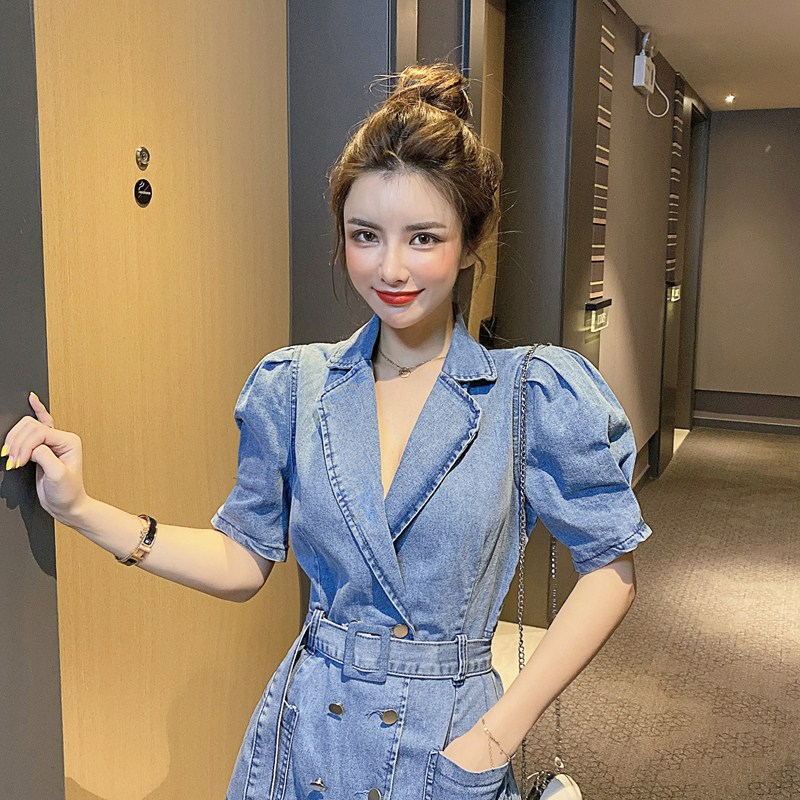Short Sleeve Denim Dress Female Summer Sexy Back V-neck Puff Sleeve Skirt