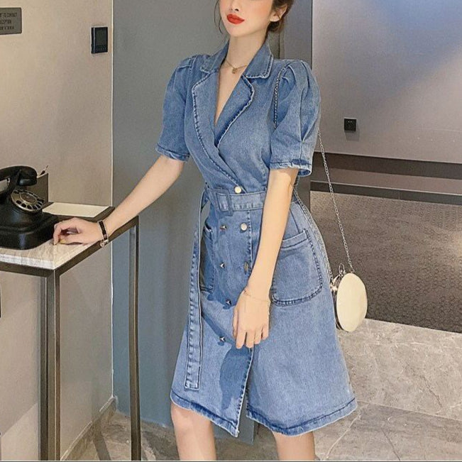 Short Sleeve Denim Dress Female Summer Sexy Back V-neck Puff Sleeve Skirt