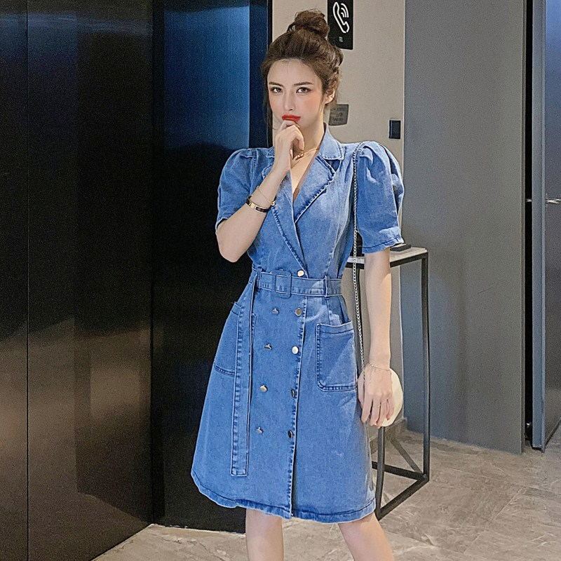Short Sleeve Denim Dress Female Summer Sexy Back V-neck Puff Sleeve Skirt