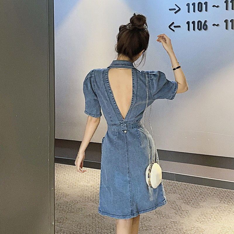 Short Sleeve Denim Dress Female Summer Sexy Back V-neck Puff Sleeve Skirt
