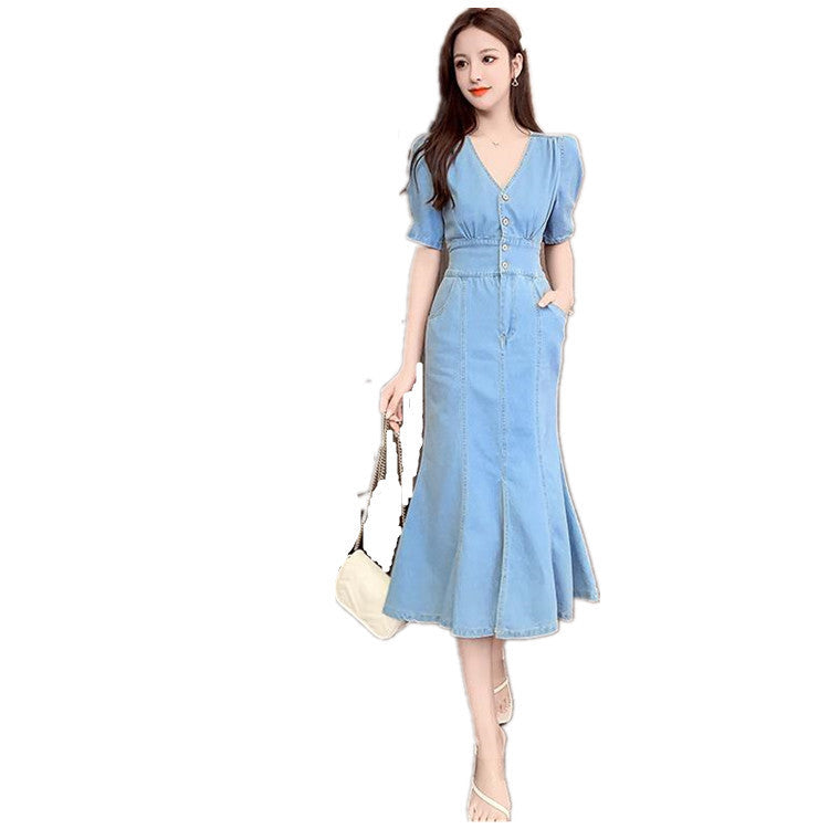 V-Neck High Waist Denim Dress Women