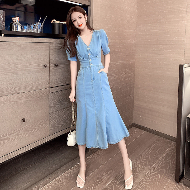 V-Neck High Waist Denim Dress Women