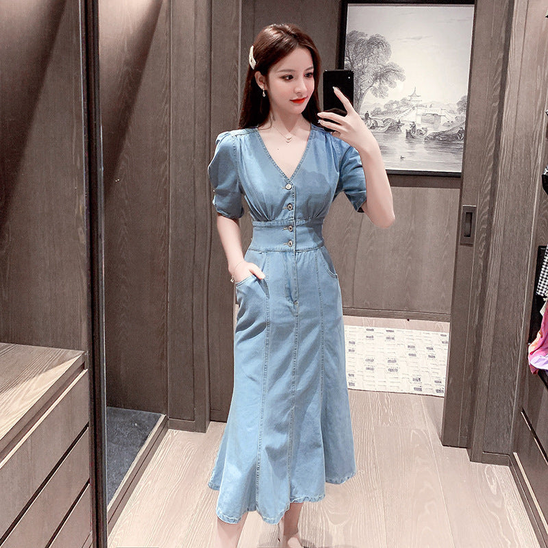V-Neck High Waist Denim Dress Women