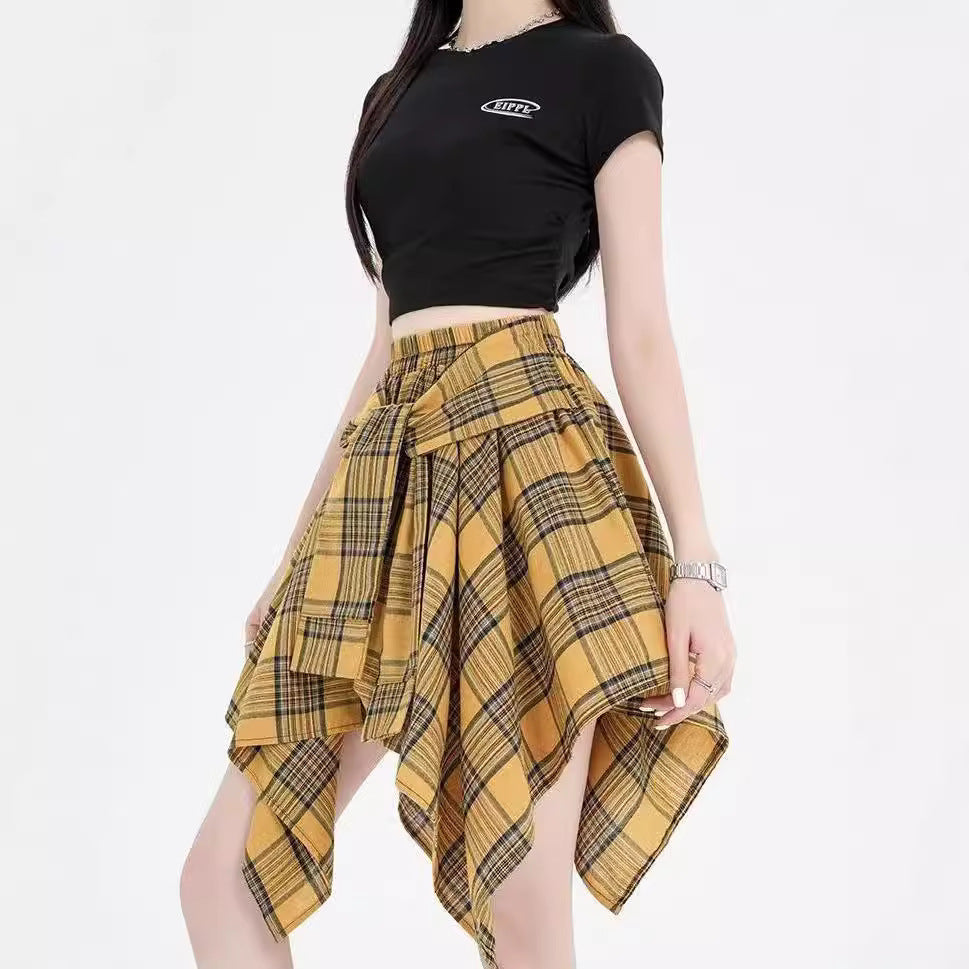 Design Irregular Plaid Women's Neologism Bow Lace Up Casual Sports Skirt