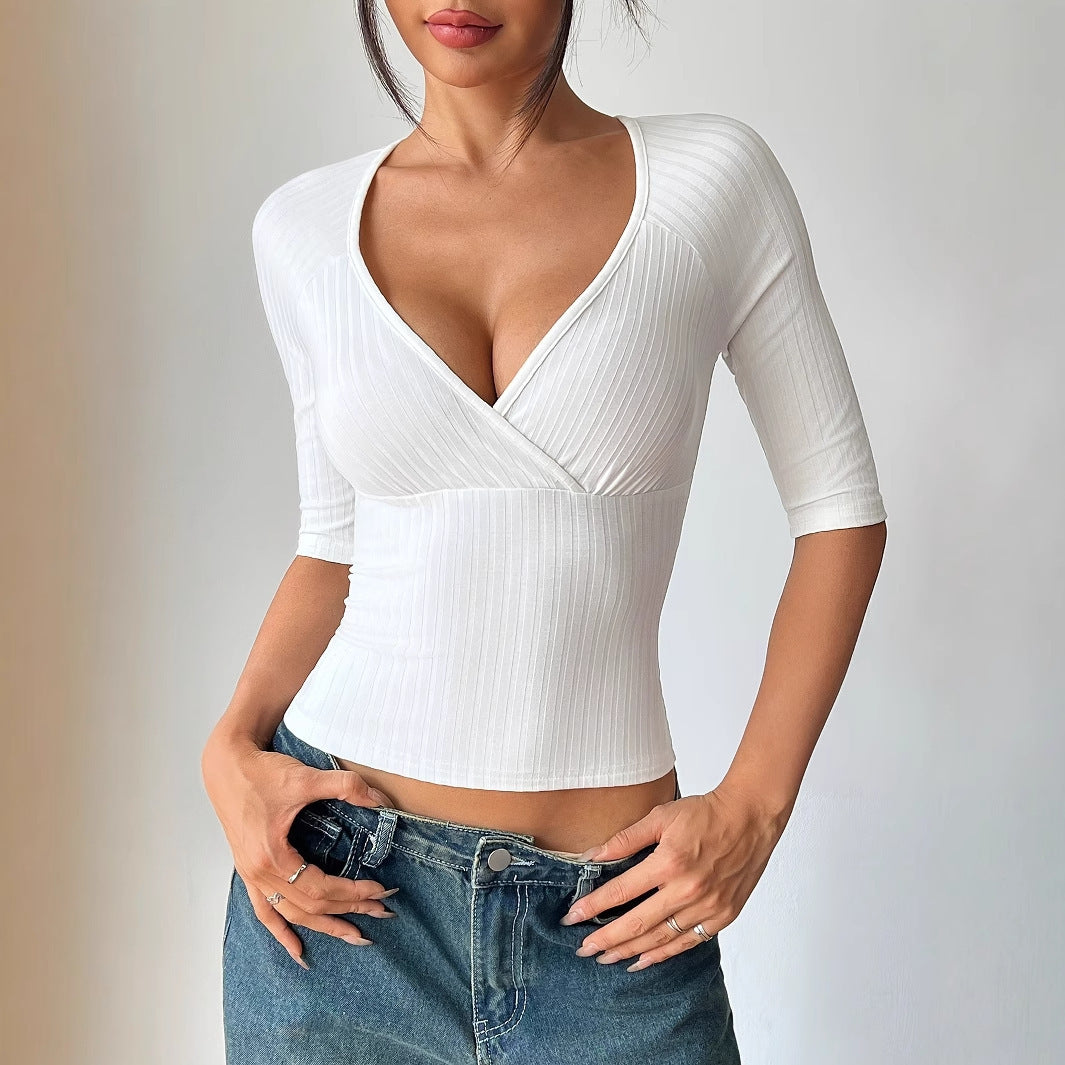 Women's Summer Textured Mid Sleeve V-neck Slim Fit Style Pullover