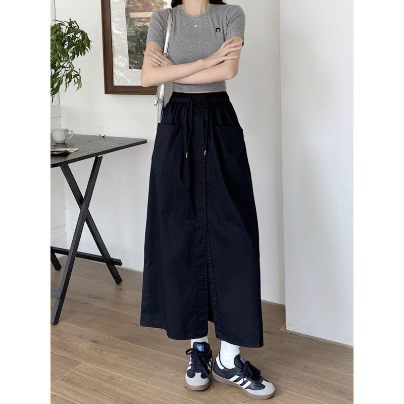 Women's Korean Style Sense Of Design Washed Cotton Midi Skirt