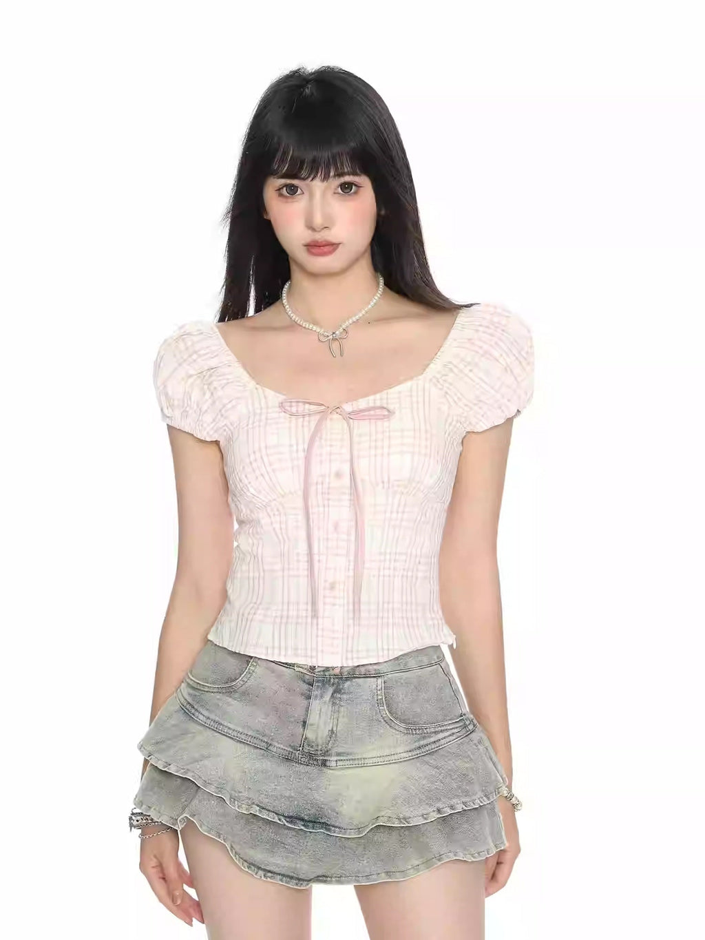 Women's Puff Sleeve Bow Bandage Short-sleeved T-shirt