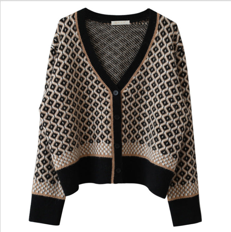 Contrasting Color V-Neck Diamond Knit Cardigan Women