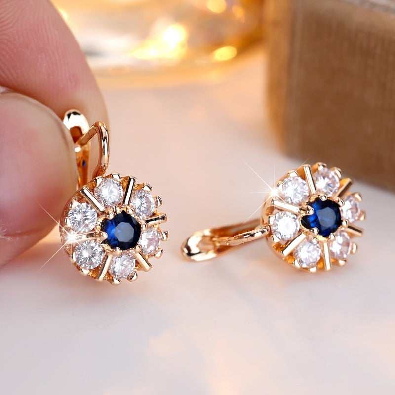 Round White Zircon Sapphire Blue Zircon Flower Basket Earrings