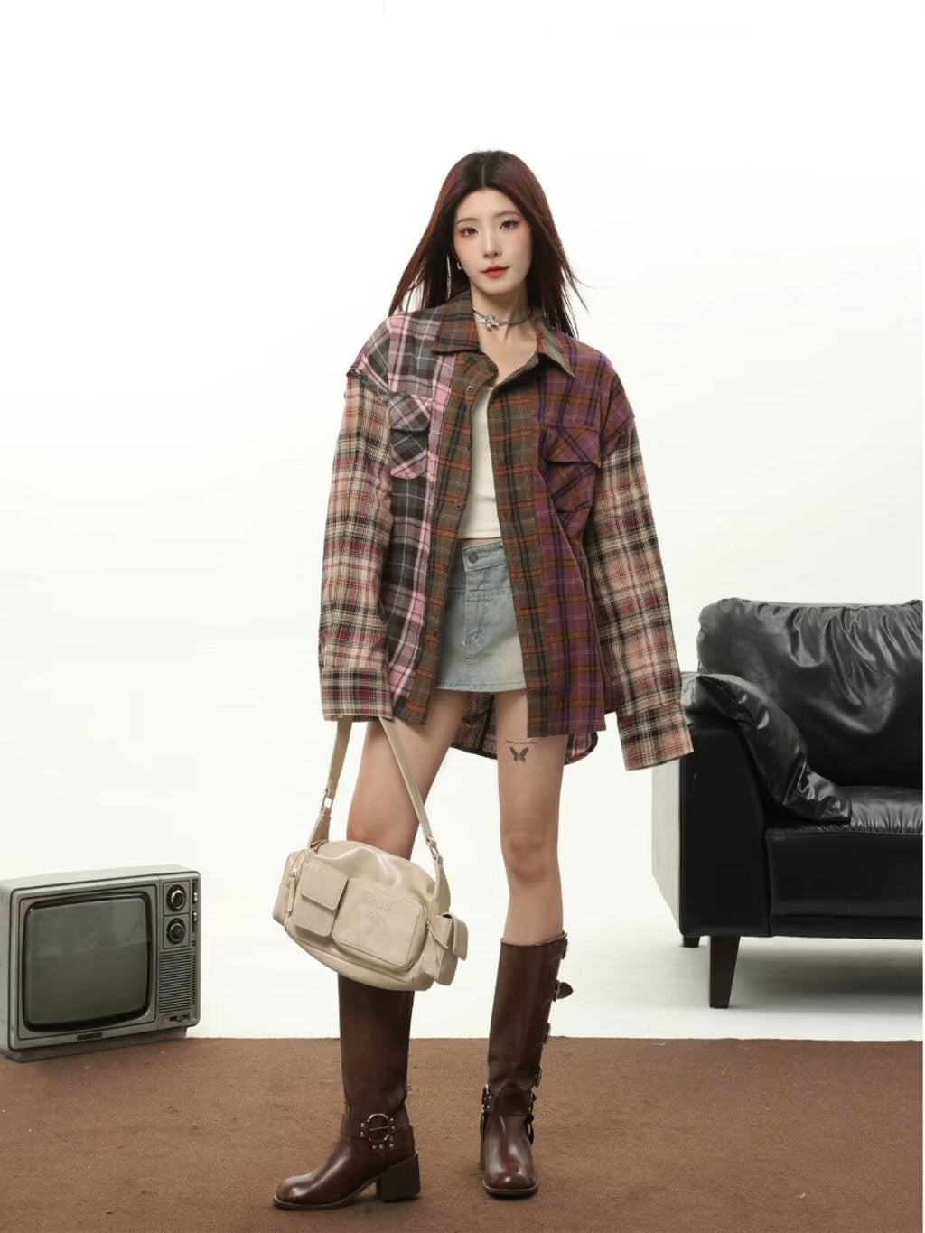 Plaid Shirt For Women Autumn Winter Retro Maillard Style