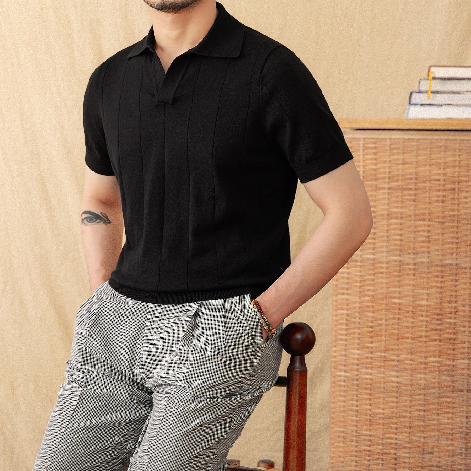 Cotton And Linen Sunken Stripe Knitted Short Sleeve POLO Seagull Collar Top