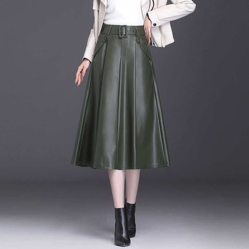 Autumn And Winter A Line PU High Waist Pleated Leather Leather Skirt