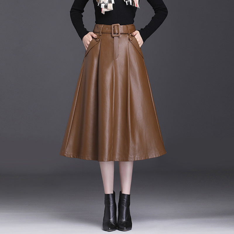 Autumn And Winter A Line PU High Waist Pleated Leather Leather Skirt