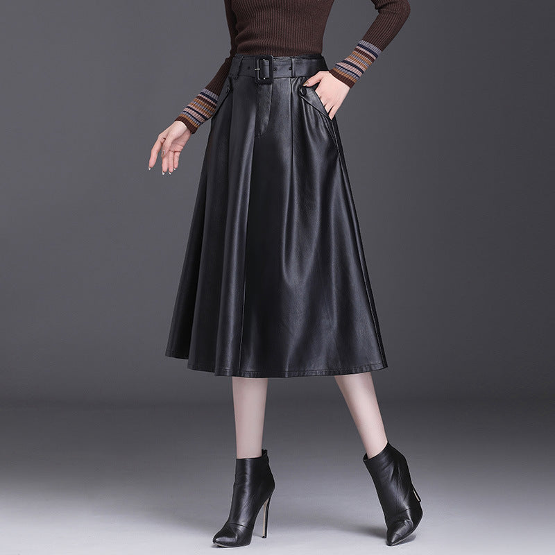 Autumn And Winter A Line PU High Waist Pleated Leather Leather Skirt
