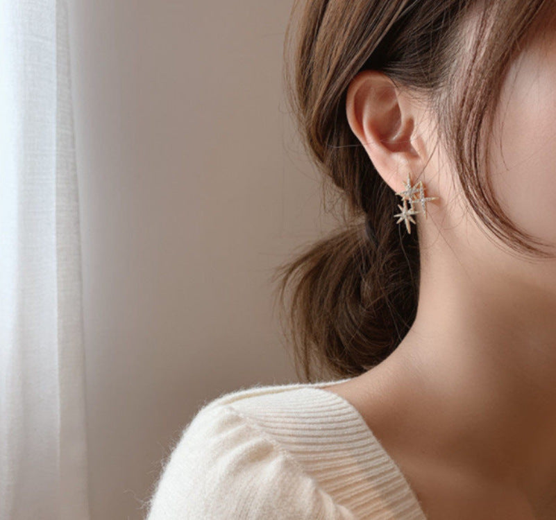 Sterling Silver Needle Shiny Asymmetric Stars Earrings