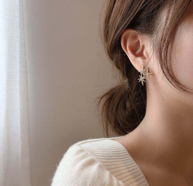 Sterling Silver Needle Shiny Asymmetric Stars Earrings