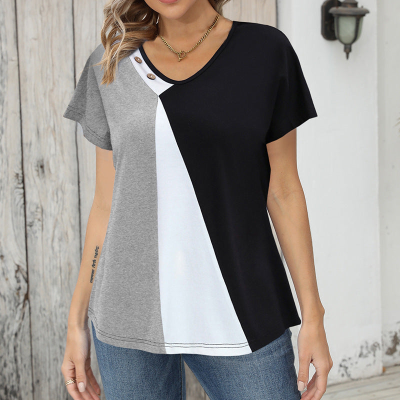 Women's Printing Color Contrast Loose Short-sleeved T-shirt Button Top