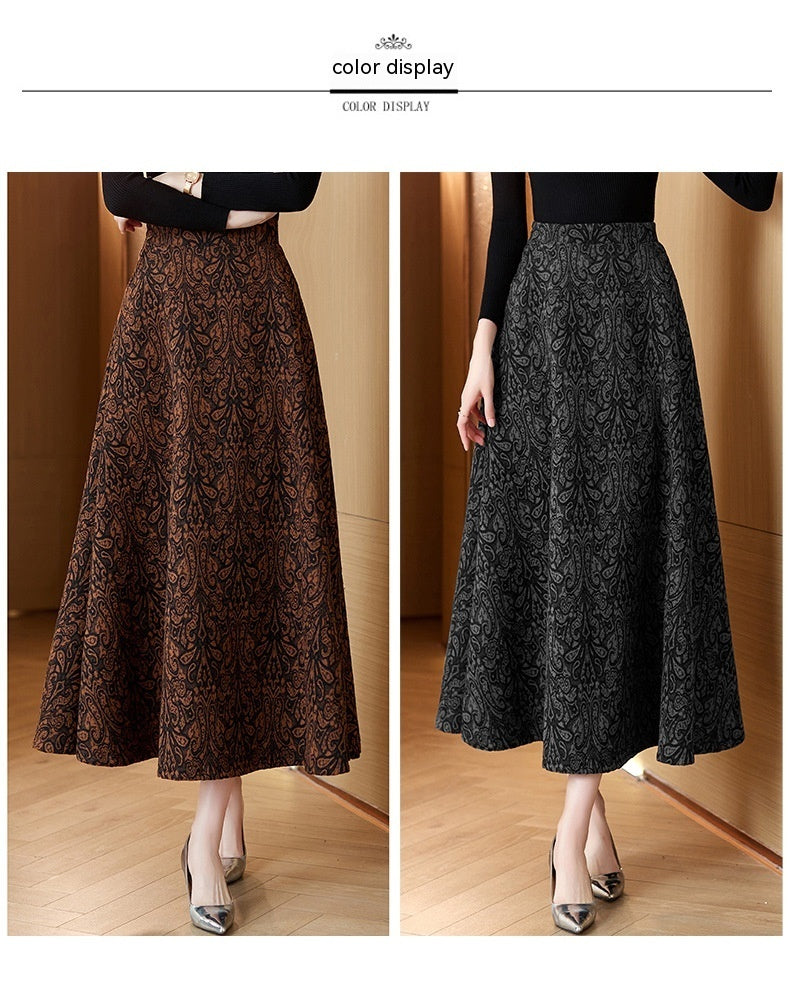 Woolen Jacquard High Waist Swing Dress Thickened Midi Skirt Umbrella Skirt