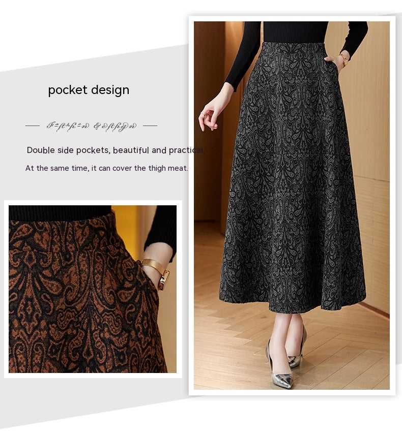 Woolen Jacquard High Waist Swing Dress Thickened Midi Skirt Umbrella Skirt