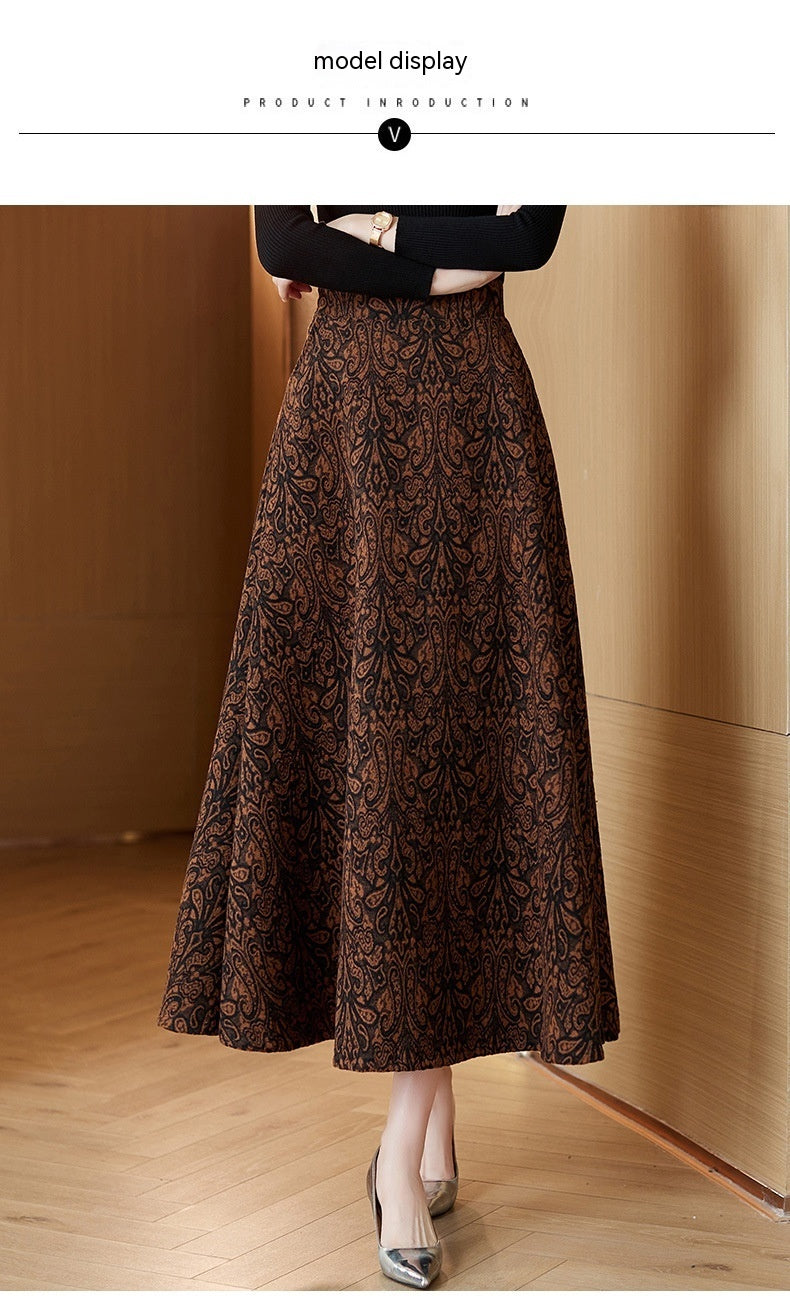 Woolen Jacquard High Waist Swing Dress Thickened Midi Skirt Umbrella Skirt