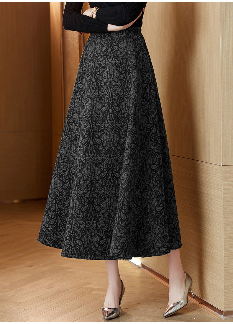 Woolen Jacquard High Waist Swing Dress Thickened Midi Skirt Umbrella Skirt
