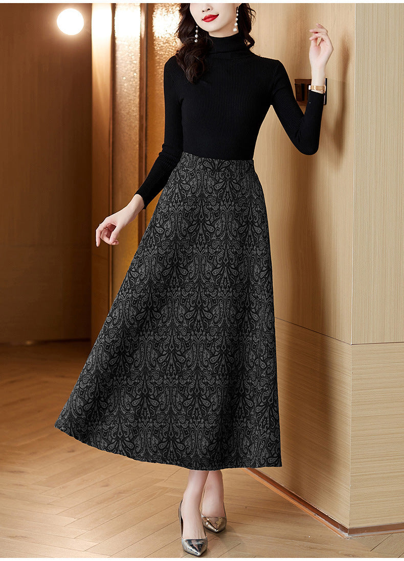 Woolen Jacquard High Waist Swing Dress Thickened Midi Skirt Umbrella Skirt