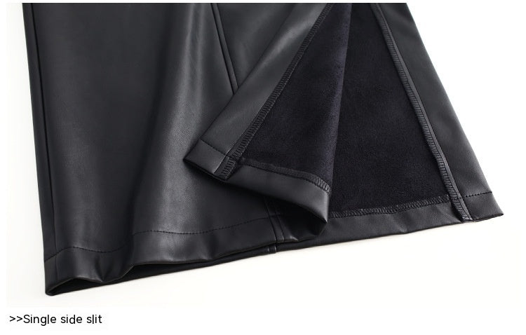 Autumn And Winter Fleece-lined Thickened Side Slit PU Leather Hip Skirt