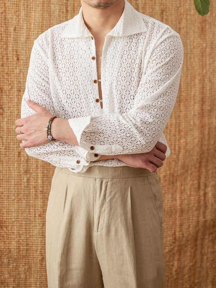 Open Collar Hollow Breathable Casual Long-sleeved Shirt